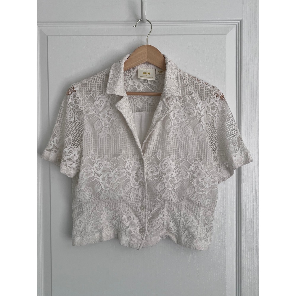Maeve by Anthropologie Lace Button Up Top Womens White Floral Crop Blouse Medium